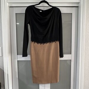 Escada Knit Long Sleeve Dress Black Tan Colorblock Wool Cowl Classy Timeless Sz6